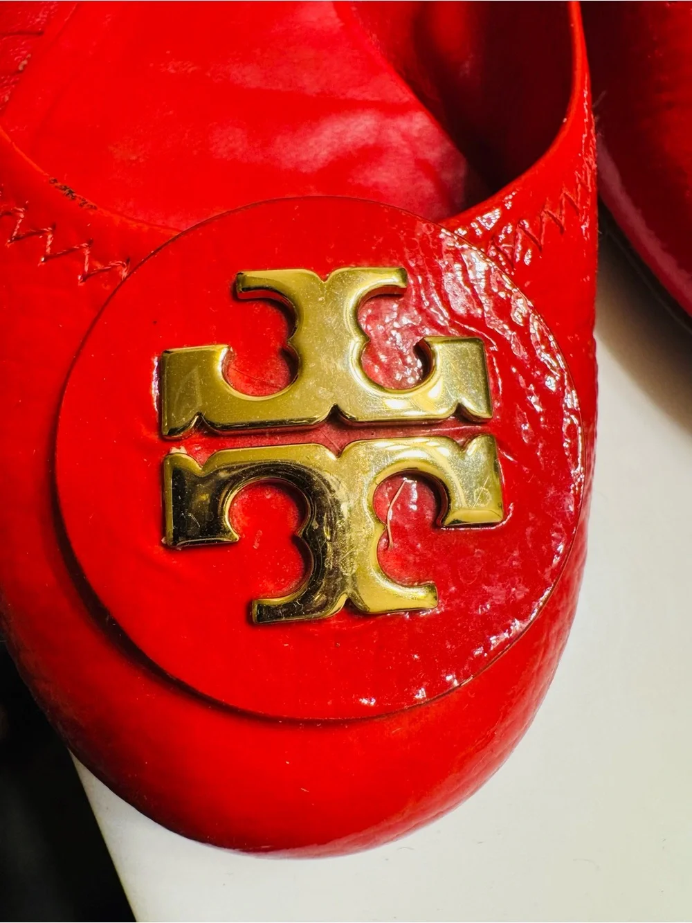 Tory Burch Red Patent Logo Ballet Flat with Gold Emblem